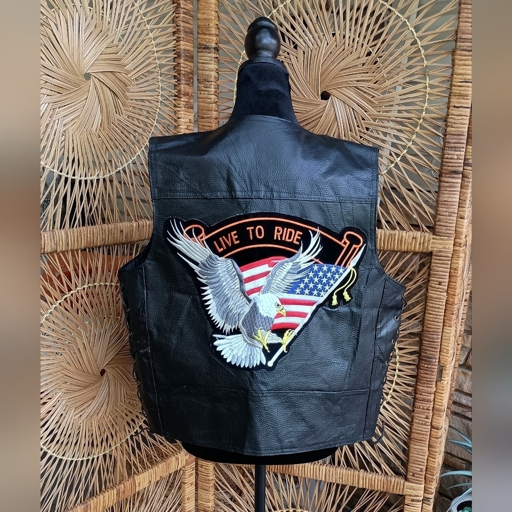 Vintage Diamond Plate Buffalo Leather "Live To Ride" Vest_Large
